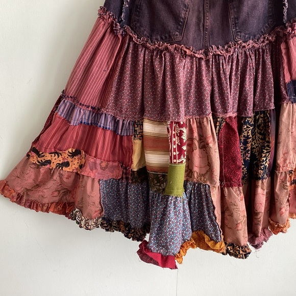 Upcycled Boho Tiered Jean Top Ruffled Hem Raw Edge Patchwork Midi Skirt Med to L - Picture 10 of 15